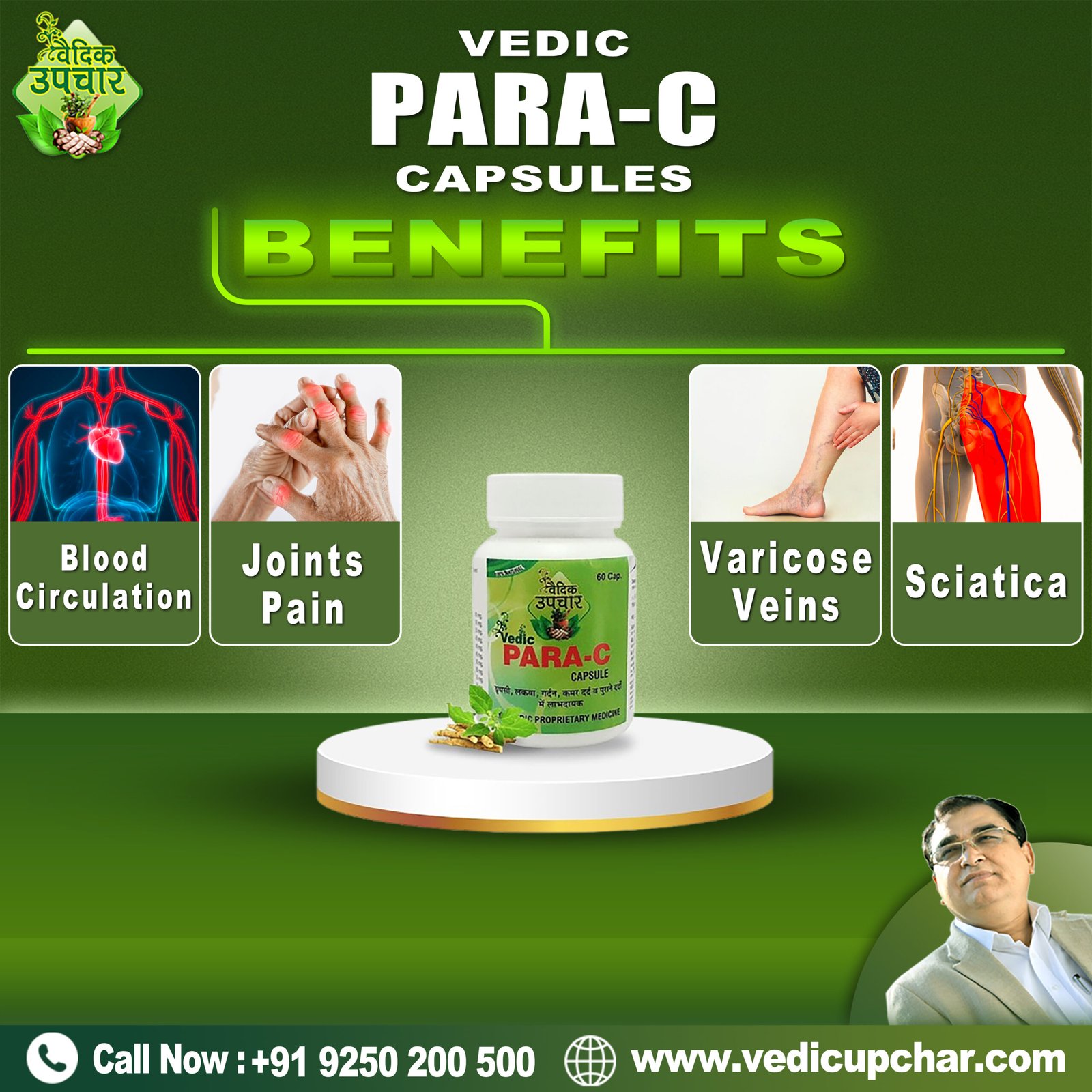 Vedic Para-C Capsule (60 Cap) | Ayurvedic Capsules For Nerve & Joint Support | Spondylitis, Sciatica & Varicose Veins |